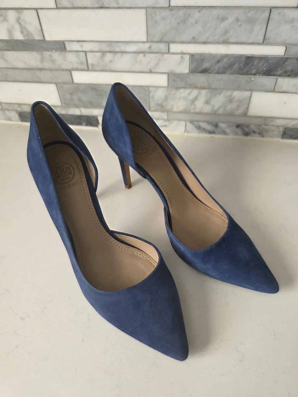 Tory Burch Navy Blue Suede Pointed-Toe D'Orsay Pumps
